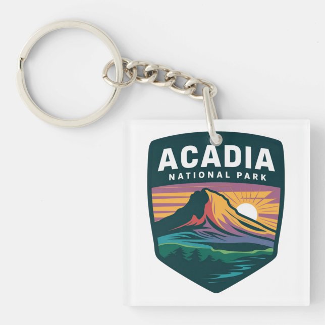 Acadia National Park Sunset Badge Illustration Key Ring (Front)
