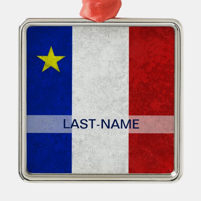 Acadian Flag Surname Distressed Grunge Personalise Metal Tree Decoration (Front)