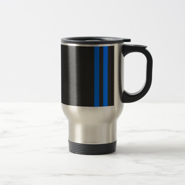 Accent Blue Carbon Fibre Style Racing Stripes Travel Mug (Right)