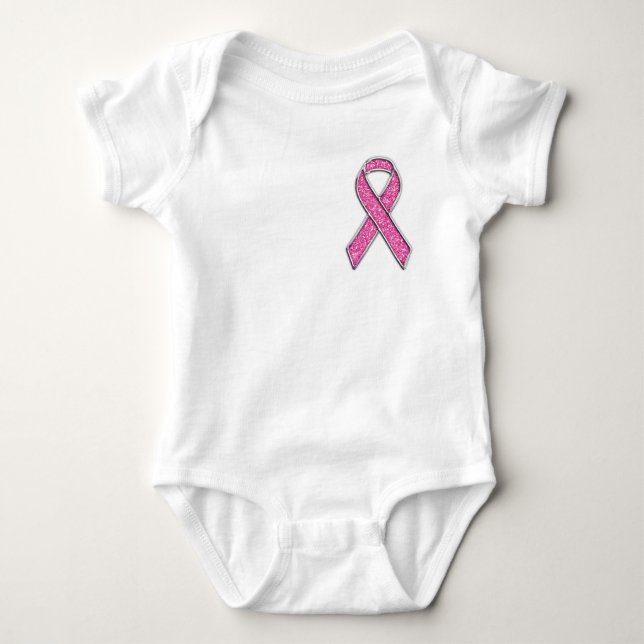 Accent Chrome Glitter Style Pink Ribbon Awareness Baby Bodysuit (Front)