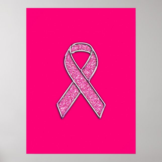 Accent Chrome Glitter Style Pink Ribbon Awareness Poster (Front)