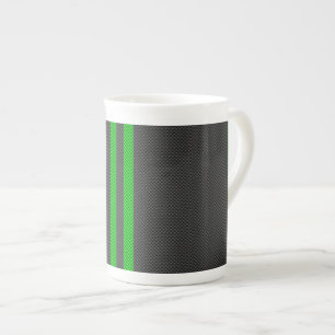 Accent Green Carbon Fibre Style Racing Stripes Bone China Mug