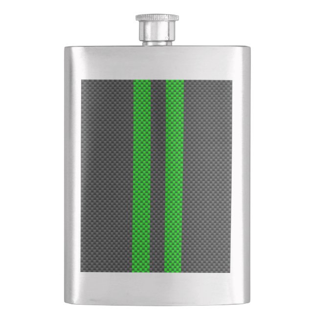 Accent Green Carbon Fibre Style Racing Stripes Hip Flask (Front)