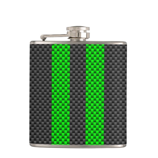 Accent Green Carbon Fibre Style Racing Stripes Hip Flask (Front)