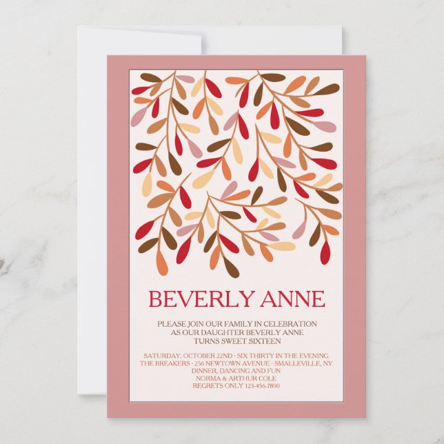 Accent Leaves Sweet Sixteen Invitation (Front)