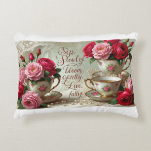 Accent Pillow- Teacups & Roses Decorative Cushion