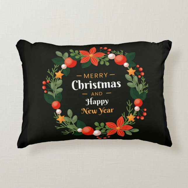 Accent Pillow With Christmas Botanical Xmas Wreath (Front)