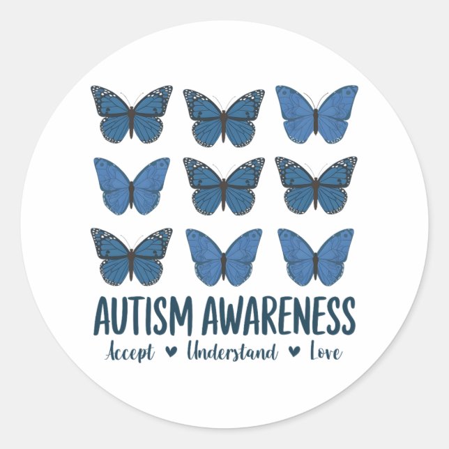 Accept Understand Love Autism Awareness Butterfly  Classic Round Sticker (Front)