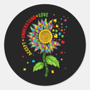 Accept Understand Love Autism Awareness Sunflower Classic Round Sticker