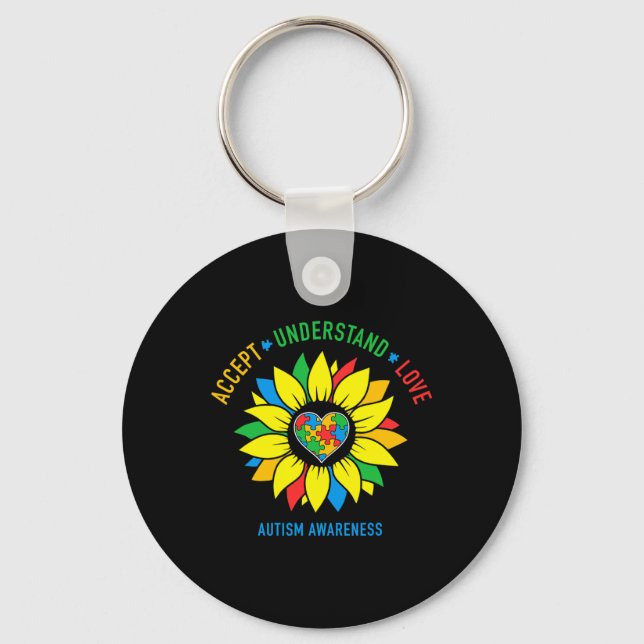 Accept Understand Love Autism Awareness Sunflower  Key Ring (Front)