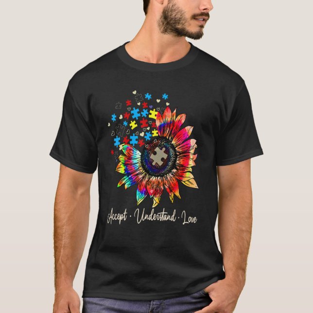 Accept Understand Love Sunflower Puzzle Autism Awa T-Shirt (Front)