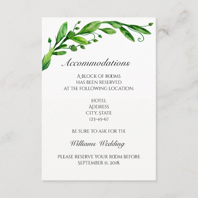 Accommodation card. Green wedding details. Info Enclosure Card (Front)