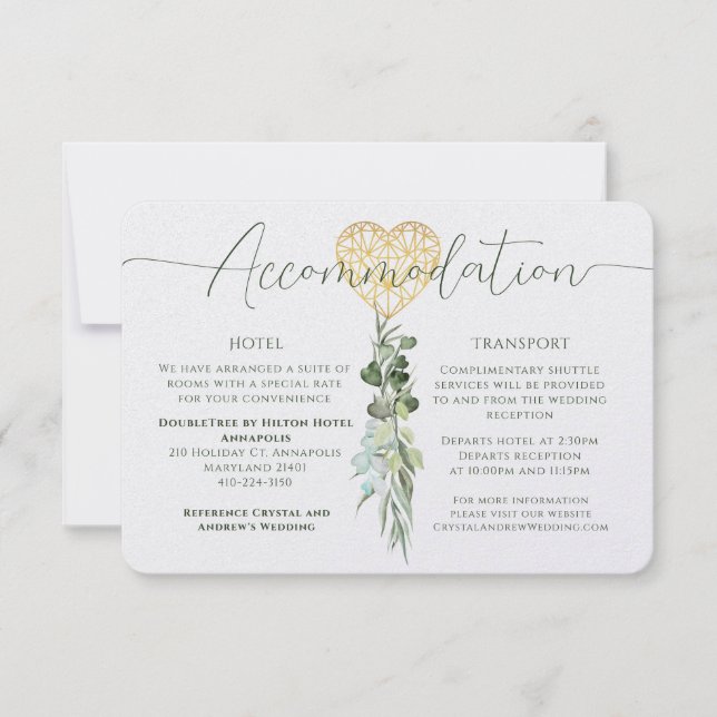 Accommodation Elegant White Heart Foliage Wedding Invitation (Front)