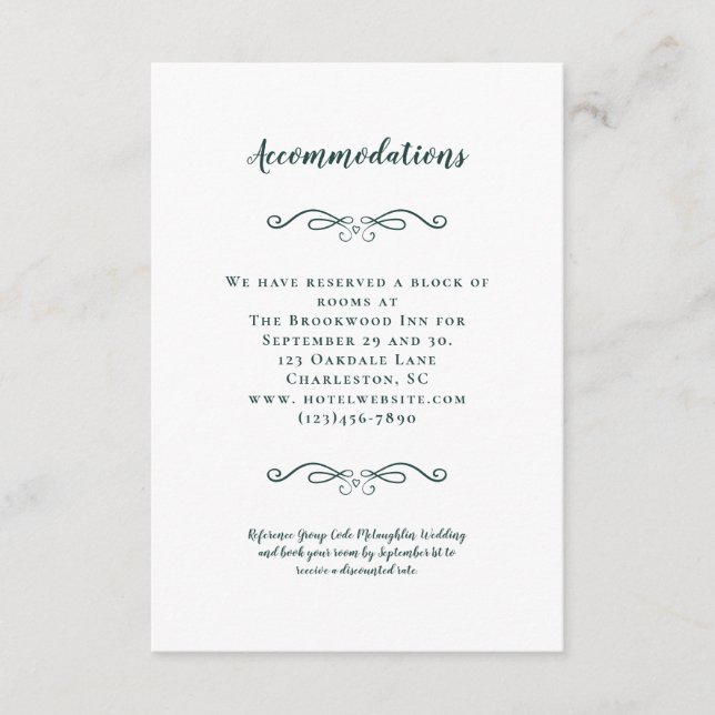 Accommodations Elegant Emerald Wedding Details Enclosure Card (Front)