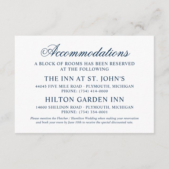 Accommodations Elegant Navy Calligraphy Enclosure Card (Front)