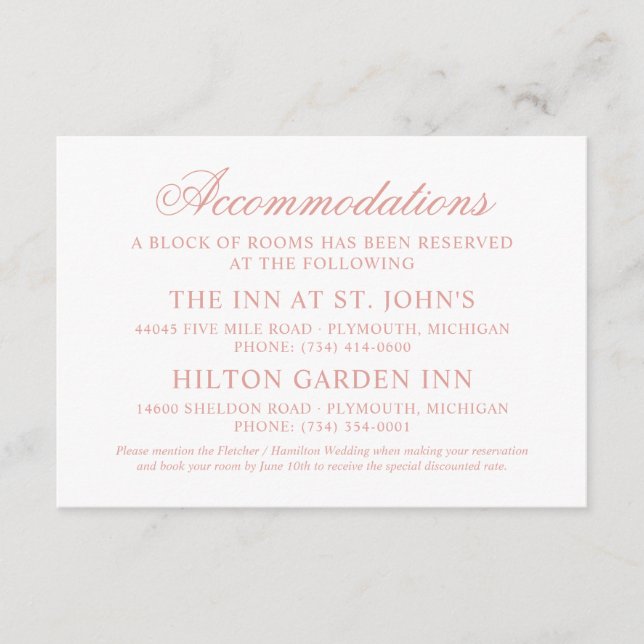 Accommodations Elegant Rose Gold Calligraphy Enclosure Card (Front)