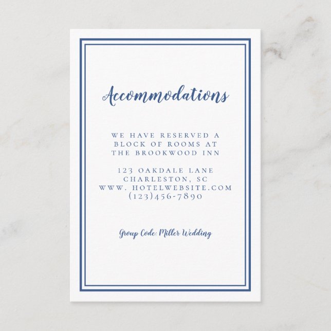 Accommodations Simple Classic Blue White Wedding Enclosure Card (Front)