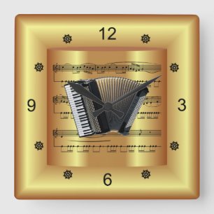 Accordion ~ Curved Sheet Music ~ Gold Background ~ Square Wall Clock