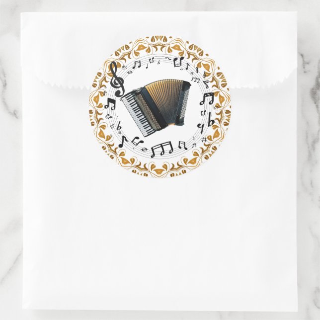 Accordion design in elegant black and gold classic round sticker (Bag)