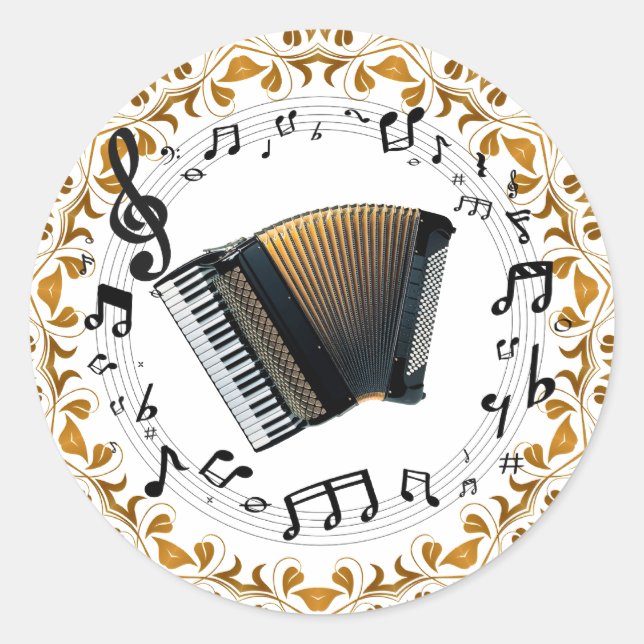 Accordion design in elegant black and gold classic round sticker (Front)