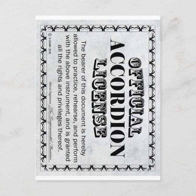 Accordion License Postcard (Front)