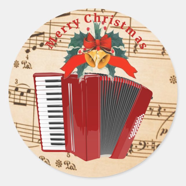 Accordion Music, Christmas Design, Classic Round Sticker (Front)