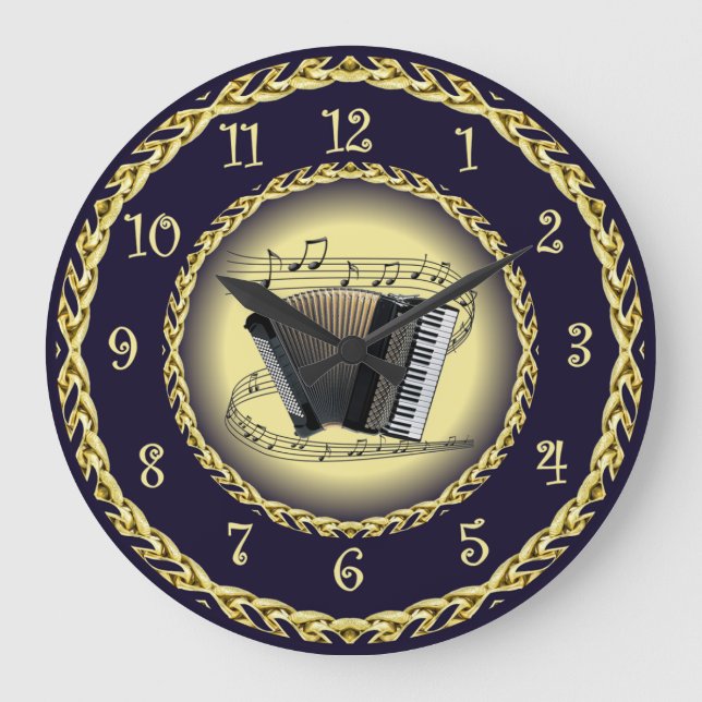 Accordion ~ Musical Scroll ~ Gold/Navy Blue ~ Large Clock (Front)