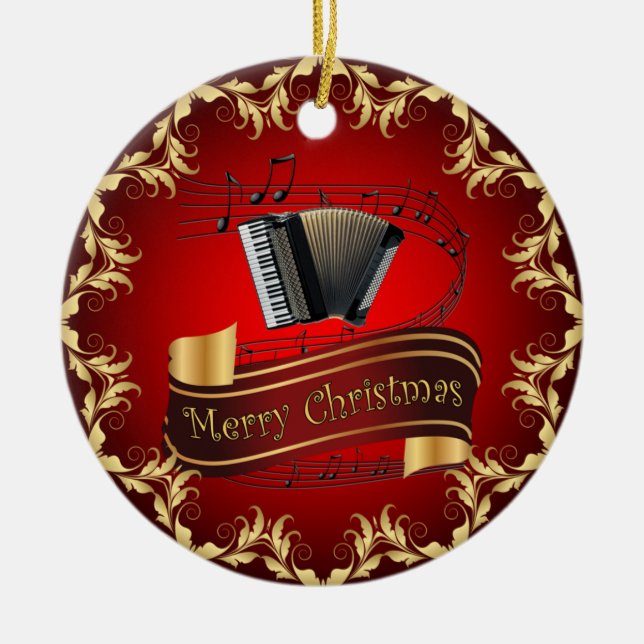 Accordion ~ Musical Scroll ~ Merry Christmas ~ * ~ Ceramic Ornament (Front)