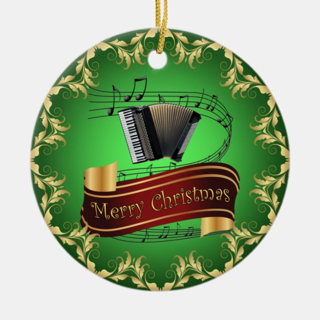 Accordion ~ Musical Scroll ~ Merry Christmas ~ * ~ Ceramic Ornament (Front)