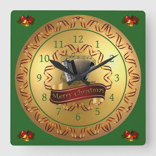 Accordion ~ Musical Scroll ~ “Merry Christmas”  Square Wall Clock (Front)