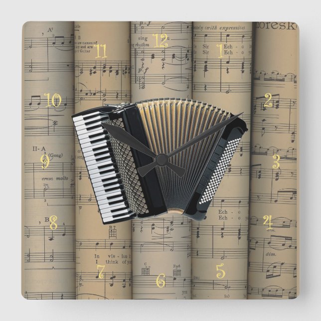 Accordion ~ Rolled Sheet Music Background ~ Music Square Wall Clock (Front)