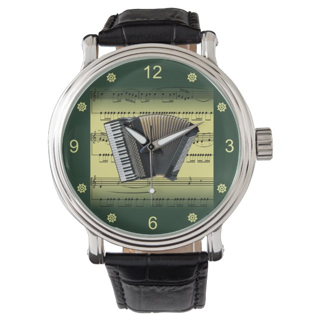 Accordion~Rolled Sheet Music~Gold/Green Background Watch (Front)