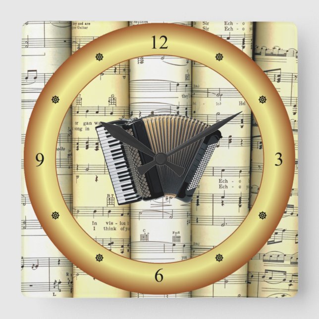 Accordion ~ Rolled Sheet Music ~ Gold Ring ~ * ~ Square Wall Clock (Front)