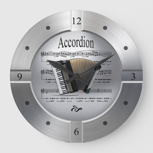 Accordion ~ Sheet Music ~ Brushed Silver Colour ~ Large Clock (Front)