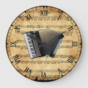 Accordion~Vintage Sheet Music Background~Unique ~ Large Clock