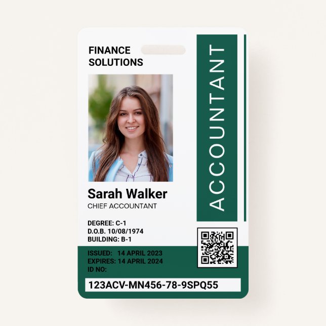 Accountant ID with photo office worker green ID Badge (Front)