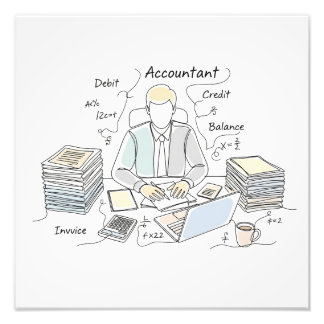 accountant, one line art, text and little colour photo print