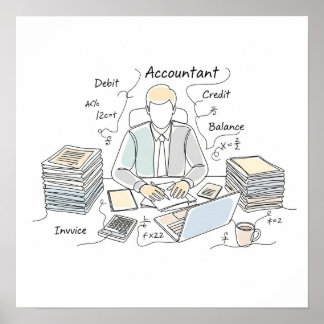 accountant, one line art, text and little colour poster