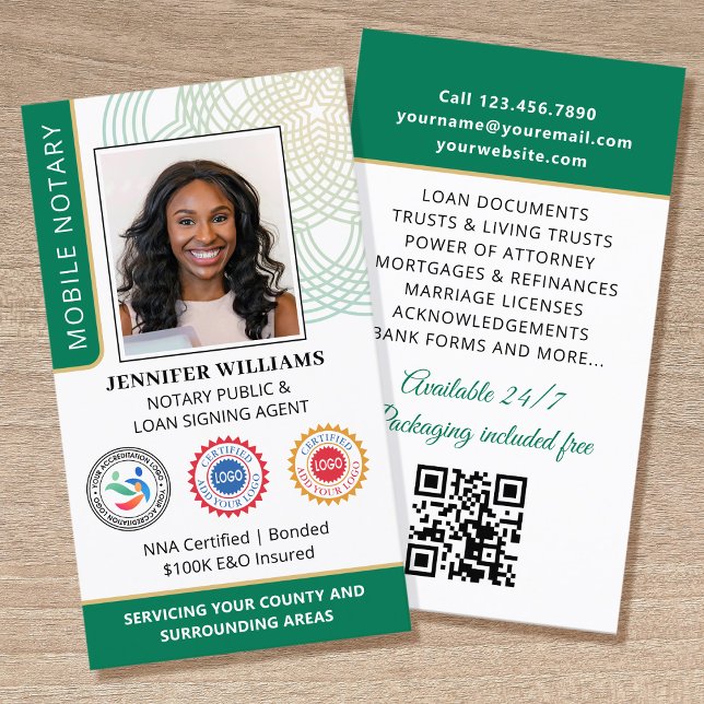 Accreditation Notary Public Photo QR Code Green Business Card (Creator Uploaded)