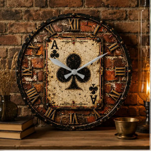 Ace of Clubs Vintage Playing Card Rustic Poker Large Clock