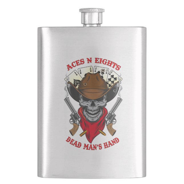Aces N Eights Dead Man's Hand Cowboy Skull  Hip Flask (Front)