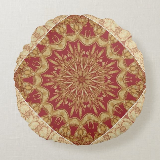 Achempong Designer Golden Red Ornate Accent Cushio Round Cushion (Front)