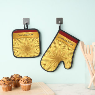 Achempong Designer Kitchen Set: Opulent Swirl Gold Oven Mitt & Pot Holder Set