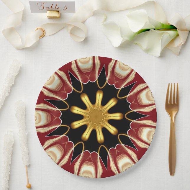 Achempong: Starburst | Deep Crimson & Gold Luxury  Paper Plate (Wedding)