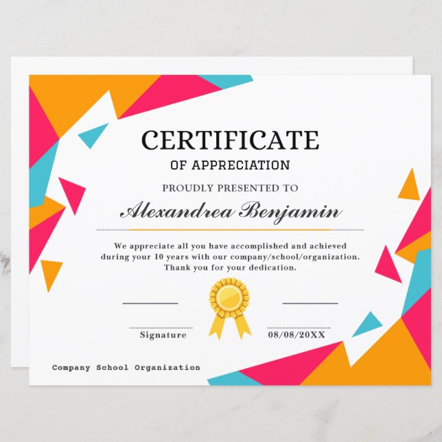 Achievement Appreciate Certificate (Front/Back)