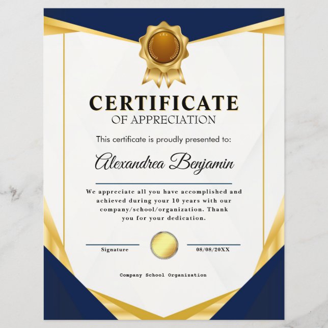Achievement Appreciate Gold Blue Certificate (Front)