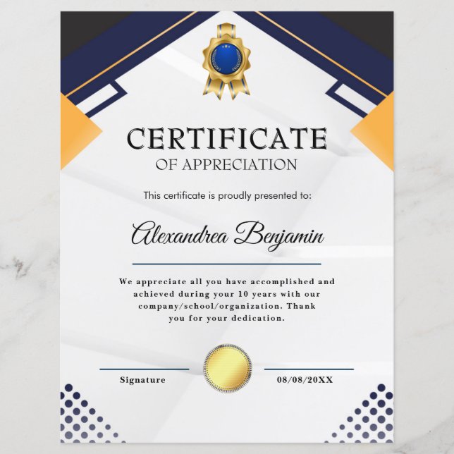 Achievement Appreciate Gold Blue Certificate (Front)