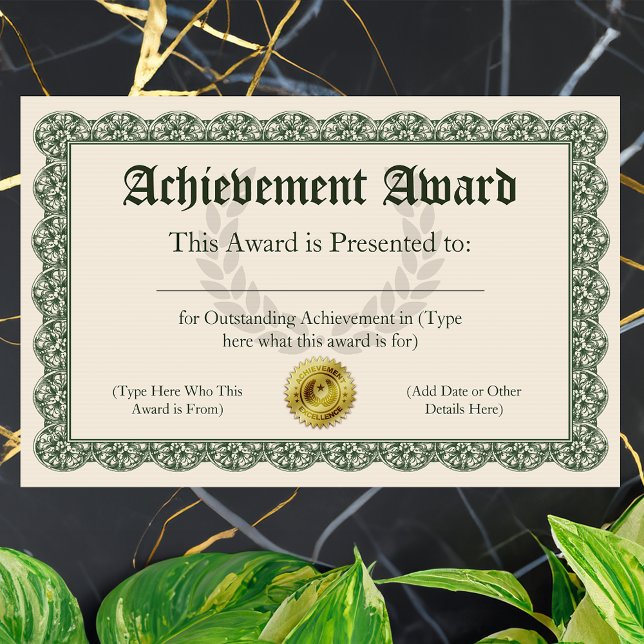Achievement Award Certificate, Customisable (Customizable Achievement Award Certificate)