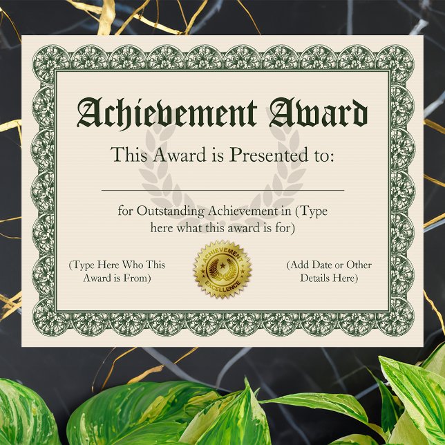 Achievement Award Certificate, Customisable (customizable achievement award)