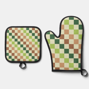 Acid green black checkerboard pattern oven mitt & pot holder set